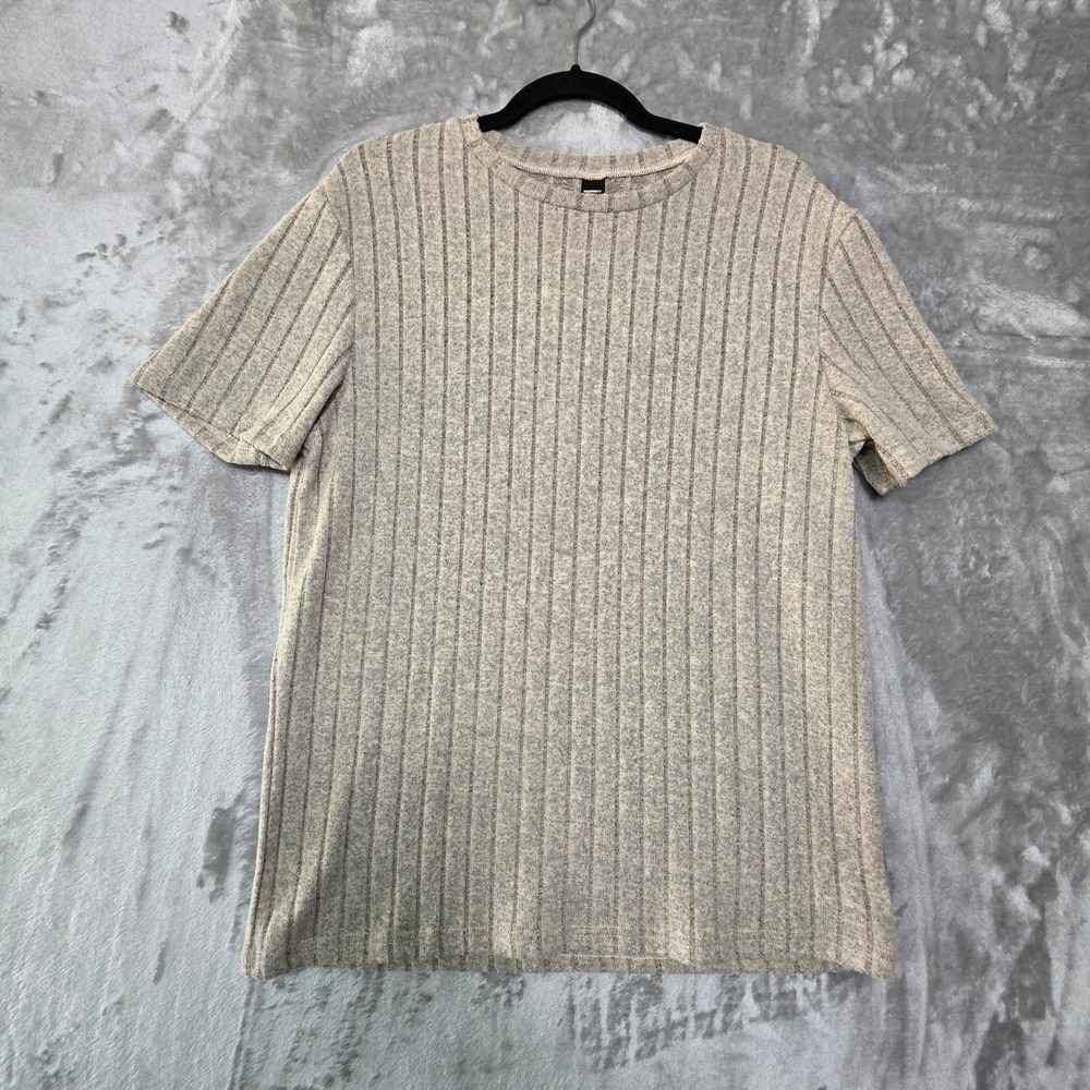 Manfinity Mens Ribbed Short Sleeve Crew Neck Top Heathered Beige Size M